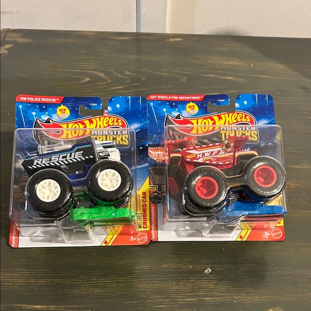 Monster Trucks Kids Toy Set of 2 Blue POLICE Rescue & Red FIRE DEPARTMENT Truck